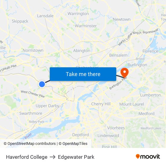 Haverford College to Edgewater Park map