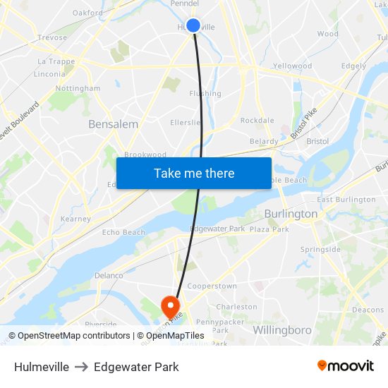 Hulmeville to Edgewater Park map