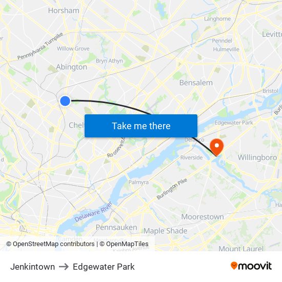 Jenkintown to Edgewater Park map