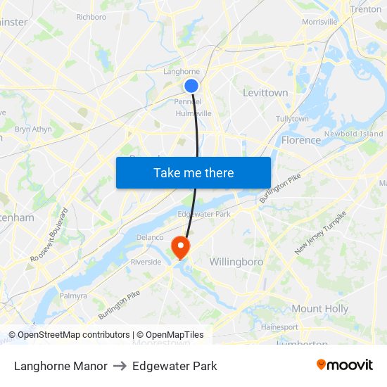 Langhorne Manor to Edgewater Park map