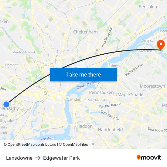 Lansdowne to Edgewater Park map