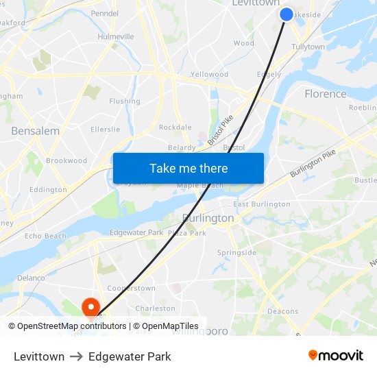 Levittown to Edgewater Park map