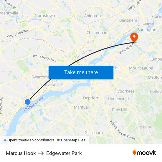 Marcus Hook to Edgewater Park map