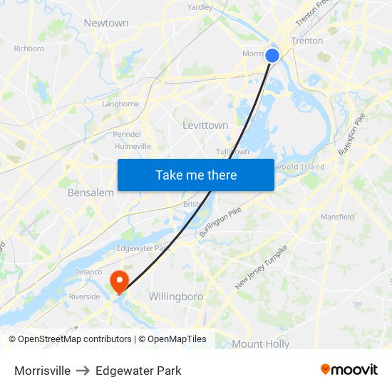 Morrisville to Edgewater Park map