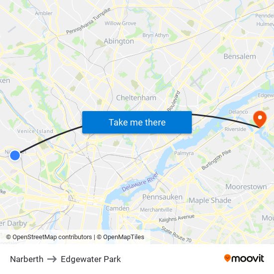 Narberth to Edgewater Park map