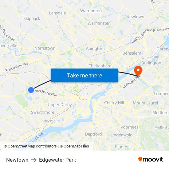 Newtown to Edgewater Park map