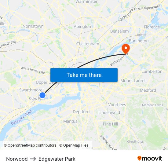 Norwood to Edgewater Park map