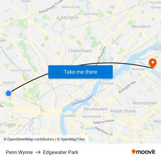 Penn Wynne to Edgewater Park map