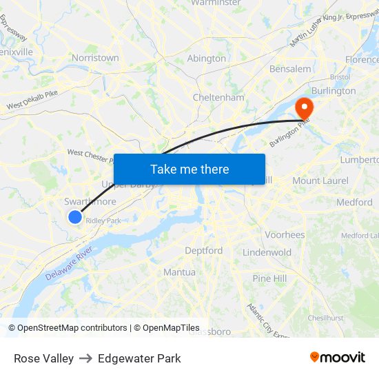 Rose Valley to Edgewater Park map