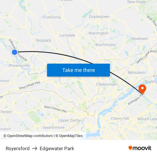 Royersford to Edgewater Park map