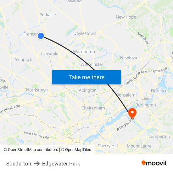 Souderton to Edgewater Park map