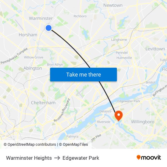 Warminster Heights to Edgewater Park map