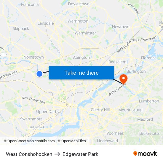 West Conshohocken to Edgewater Park map