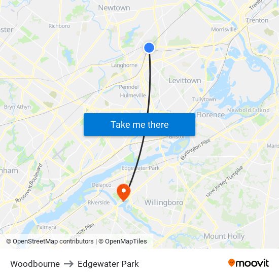 Woodbourne to Edgewater Park map