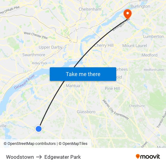 Woodstown to Edgewater Park map