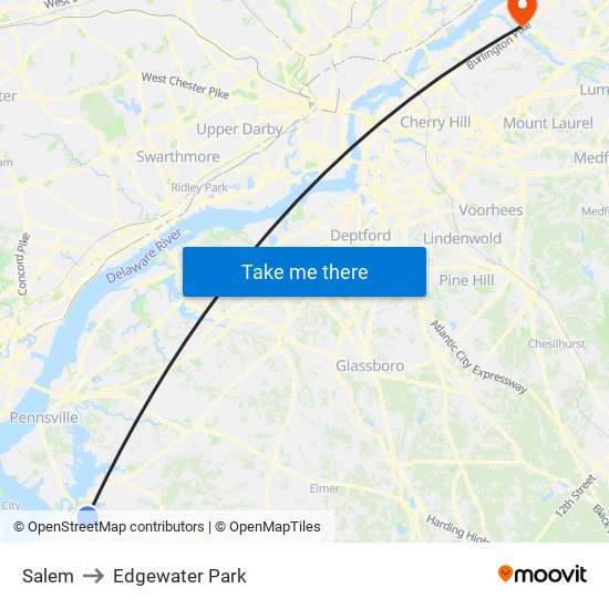 Salem to Edgewater Park map