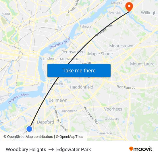 Woodbury Heights to Edgewater Park map