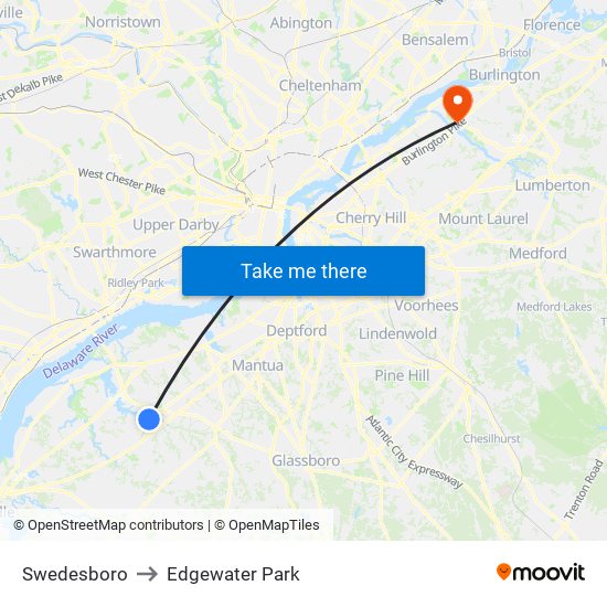 Swedesboro to Edgewater Park map