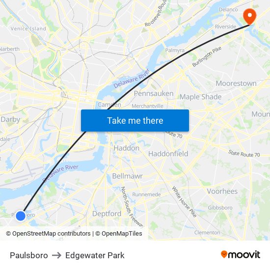 Paulsboro to Edgewater Park map