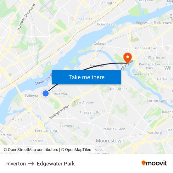 Riverton to Edgewater Park map