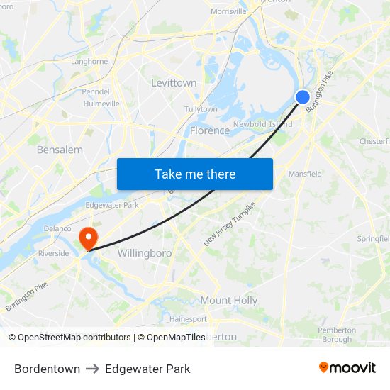 Bordentown to Edgewater Park map