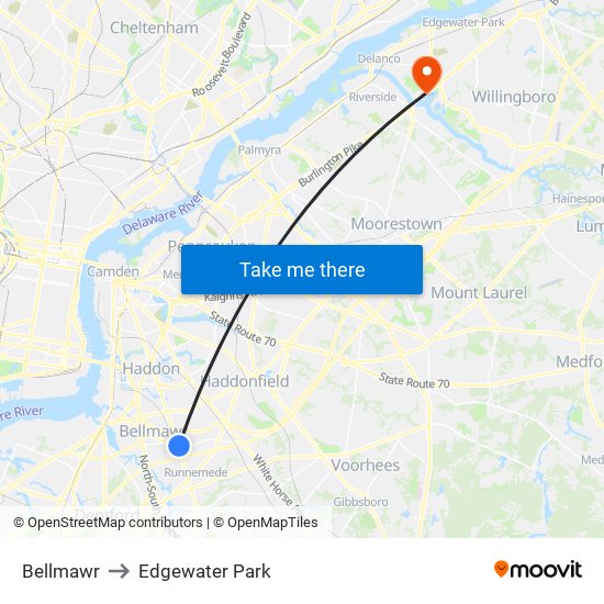 Bellmawr to Edgewater Park map
