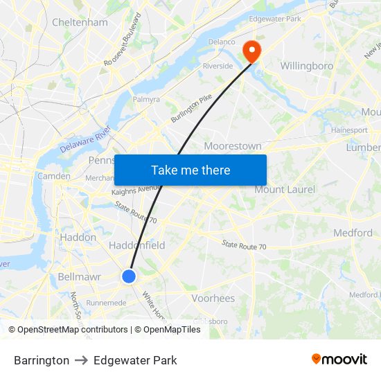 Barrington to Edgewater Park map