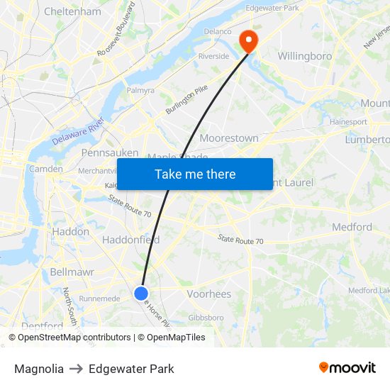 Magnolia to Edgewater Park map