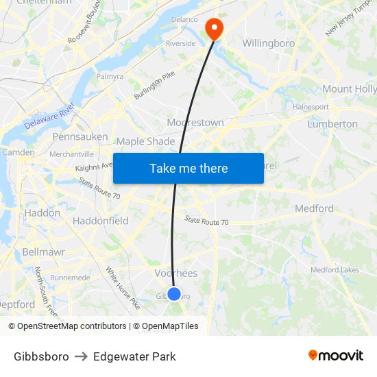 Gibbsboro to Edgewater Park map