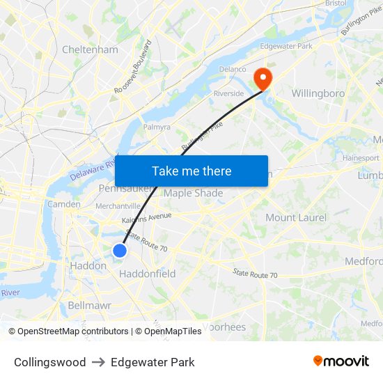 Collingswood to Edgewater Park map