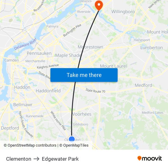 Clementon to Edgewater Park map