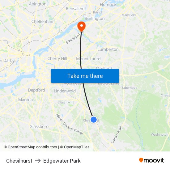 Chesilhurst to Edgewater Park map