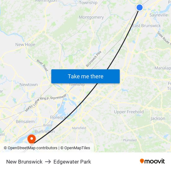 New Brunswick to Edgewater Park map
