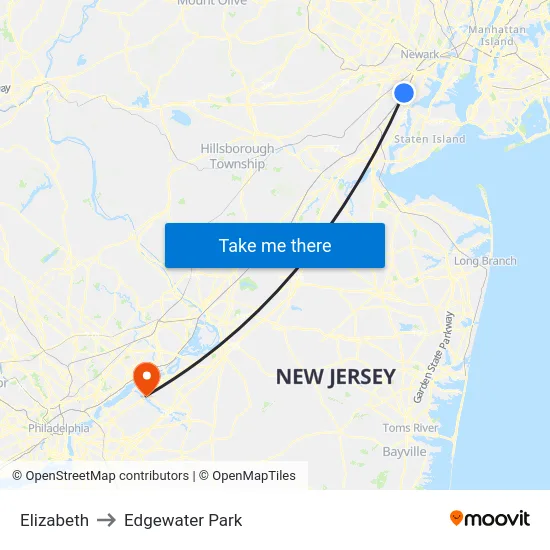 Elizabeth to Edgewater Park map