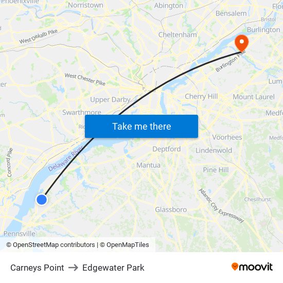 Carneys Point to Edgewater Park map
