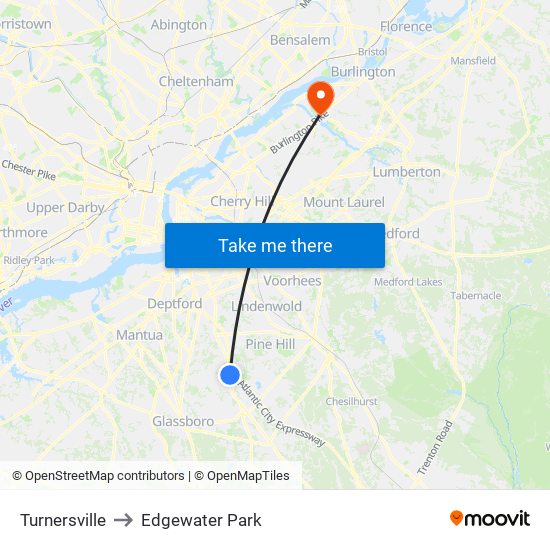 Turnersville to Edgewater Park map