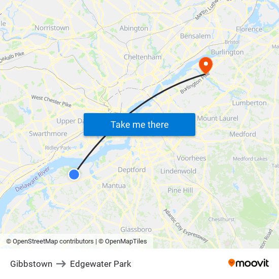 Gibbstown to Edgewater Park map