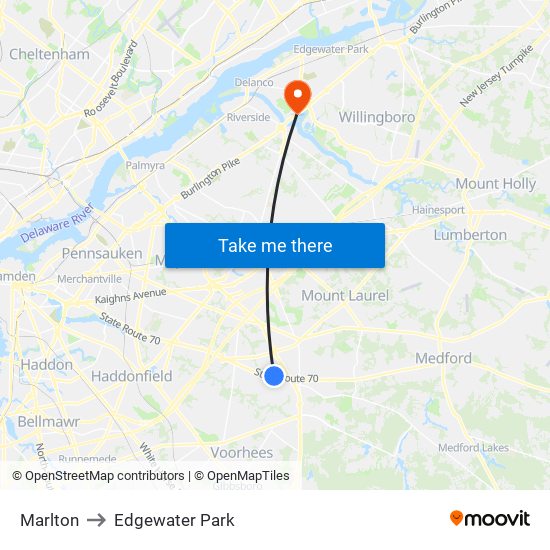 Marlton to Edgewater Park map