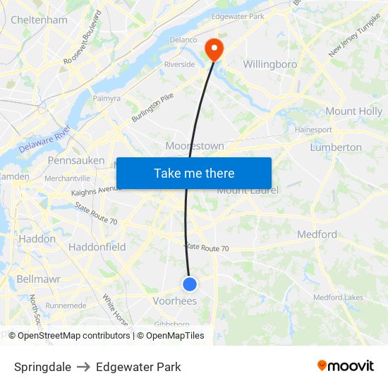 Springdale to Edgewater Park map