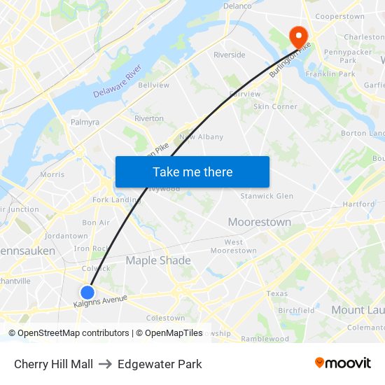Cherry Hill Mall to Edgewater Park map