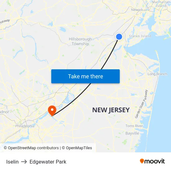 Iselin to Edgewater Park map