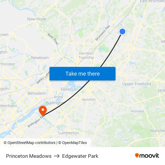 Princeton Meadows to Edgewater Park map
