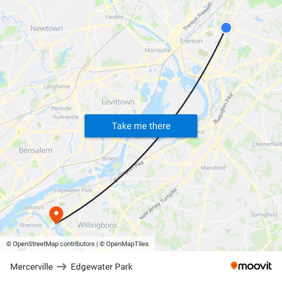 Mercerville to Edgewater Park map