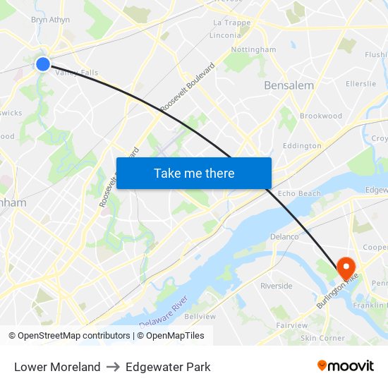 Lower Moreland to Edgewater Park map