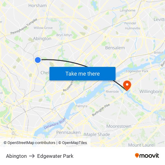 Abington to Edgewater Park map