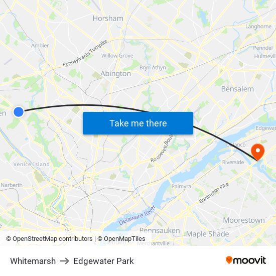 Whitemarsh to Edgewater Park map