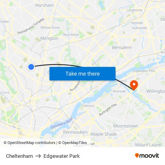 Cheltenham to Edgewater Park map