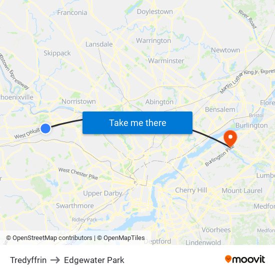 Tredyffrin to Edgewater Park map