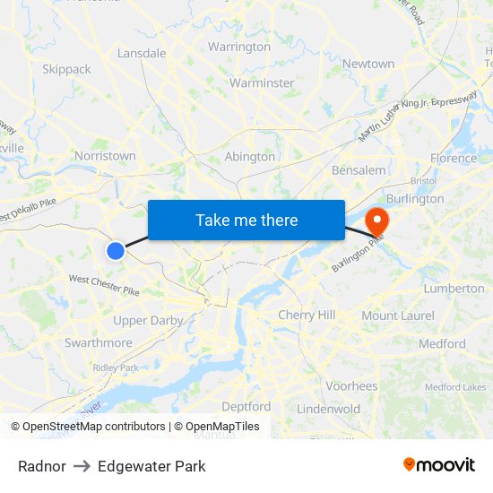 Radnor to Edgewater Park map