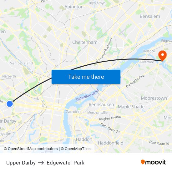 Upper Darby to Edgewater Park map